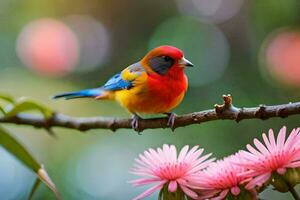 a colorful bird sits on a branch with pink flowers. AI-Generated photo