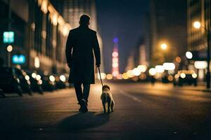 un hombre caminando su perro en el ciudad a noche. generado por ai foto