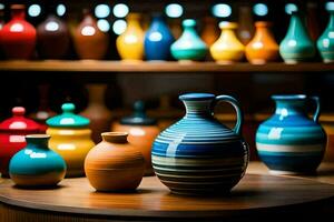 colorful vases on a shelf in a shop. AI-Generated photo