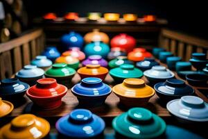 colorful bowls and cups are arranged on a table. AI-Generated photo