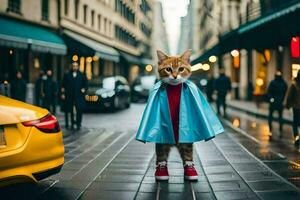 a cat dressed as a superhero standing on a city street. AI-Generated photo