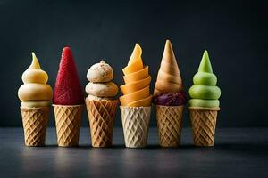 a row of ice cream cones with different flavors. AI-Generated photo