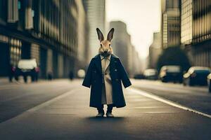 a rabbit wearing a coat and standing in the middle of a city street. AI-Generated photo