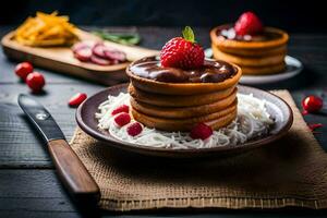 a plate with pancakes and berries on top. AI-Generated photo