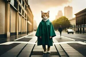un gato en un verde Saco en pie en un calle. generado por ai foto