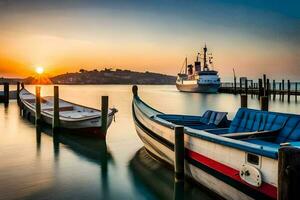 boats docked at the dock at sunset. AI-Generated photo