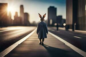 a rabbit wearing a coat and hat stands on the street. AI-Generated photo