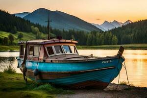 un barco se sienta en el apuntalar de un lago a puesta de sol. generado por ai foto