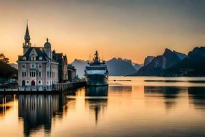 a boat is docked in front of a church at sunset. AI-Generated photo