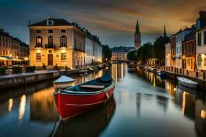 a boat is docked in a canal at dusk. AI-Generated photo