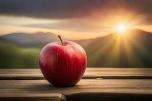 an apple sits on a wooden table in front of a sunset. AI-Generated photo