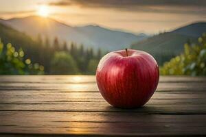 a red apple on a wooden table in front of a mountain view. AI-Generated photo