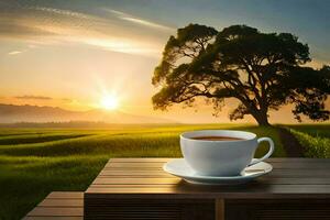 un taza de café en un de madera mesa en frente de un árbol. generado por ai foto