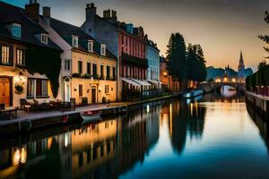 a canal in the middle of a city at dusk. AI-Generated photo