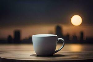 un café taza se sienta en un mesa en frente de un ciudad horizonte. generado por ai foto