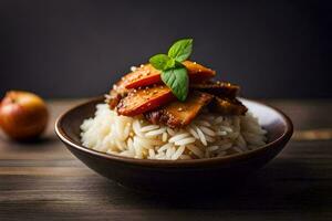 un cuenco de arroz con carne y vegetales en cima. generado por ai foto