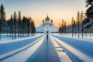 un Iglesia en el nieve con arboles y nieve. generado por ai foto