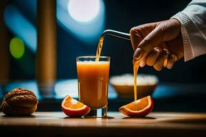 a person pours orange juice into a glass. AI-Generated photo