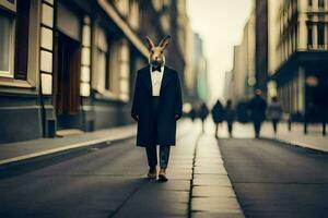 a rabbit wearing a suit and tie walking down a street. AI-Generated photo