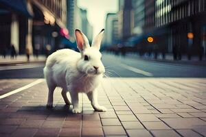 a white rabbit is standing on a city street. AI-Generated photo