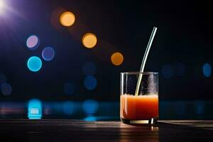 a glass of orange juice with a straw on a wooden table. AI-Generated photo