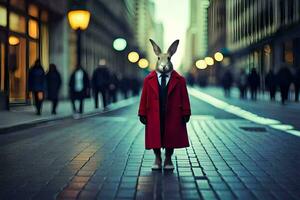 a rabbit wearing a red coat and tie on a city street. AI-Generated photo