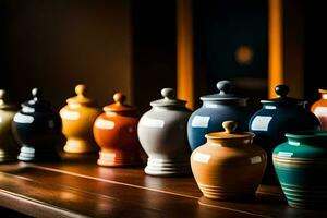 a row of colorful ceramic urns on a wooden table. AI-Generated photo