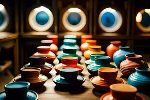 colorful vases sit on a table in a room. AI-Generated photo