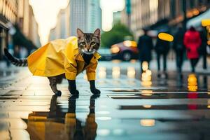 a cat in a raincoat walking on a city street. AI-Generated photo