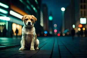 un perro sentado en el acera a noche. generado por ai foto