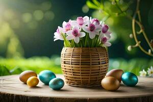 easter flowers in a basket on a wooden table. AI-Generated photo