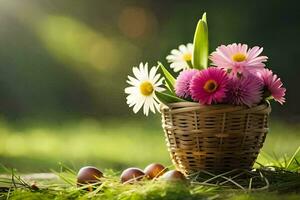 easter flowers in a basket. AI-Generated photo