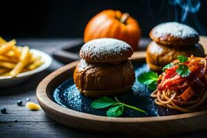 food on a wooden table with a pumpkin and french fries. AI-Generated photo