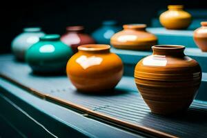 colorful vases on a shelf. AI-Generated photo