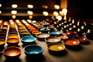 many colorful bowls are arranged on a table. AI-Generated photo