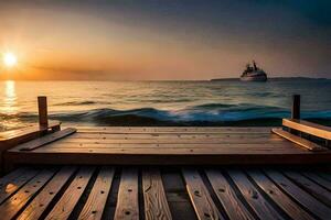 a wooden dock with a ship in the distance at sunset. AI-Generated photo