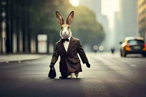 un Conejo vestido en un traje y Corbata caminando abajo el calle. generado por ai foto