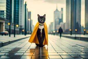 a cat wearing a yellow cape walks down a city street. AI-Generated photo