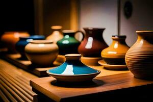 a row of colorful vases on a wooden table. AI-Generated photo