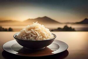 rice in a bowl on a table. AI-Generated photo
