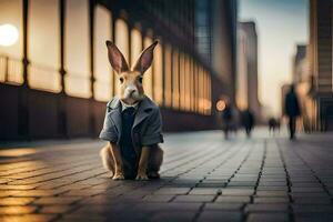 a rabbit wearing a suit and tie sits on the sidewalk. AI-Generated photo
