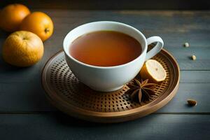 a cup of tea with anise and an orange on a wooden table. AI-Generated photo