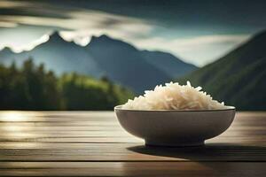 rice in a bowl on a table in front of mountains. AI-Generated photo