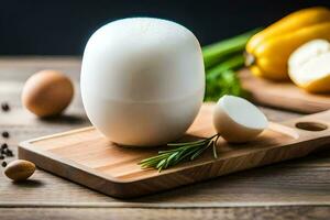 an egg sitting on a cutting board with other ingredients. AI-Generated photo