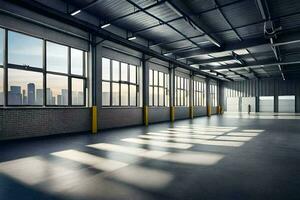 an empty warehouse with large windows and a city skyline in the background. AI-Generated photo