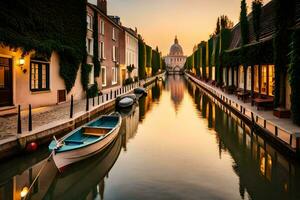 a boat is sitting in a canal at sunset. AI-Generated photo