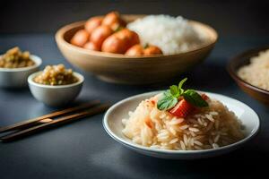 a bowl of rice with vegetables and chopsticks. AI-Generated photo