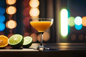 a cocktail with orange slices and lime on a table. AI-Generated photo