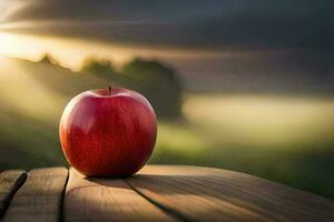 an apple sits on a wooden table in front of a sunset. AI-Generated photo