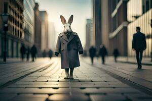 a rabbit wearing a coat and tie walking down a city street. AI-Generated photo